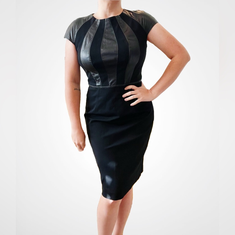 ESCADA Lamb Leather Panel Cap Sleeve Sheath Dress, Size 42